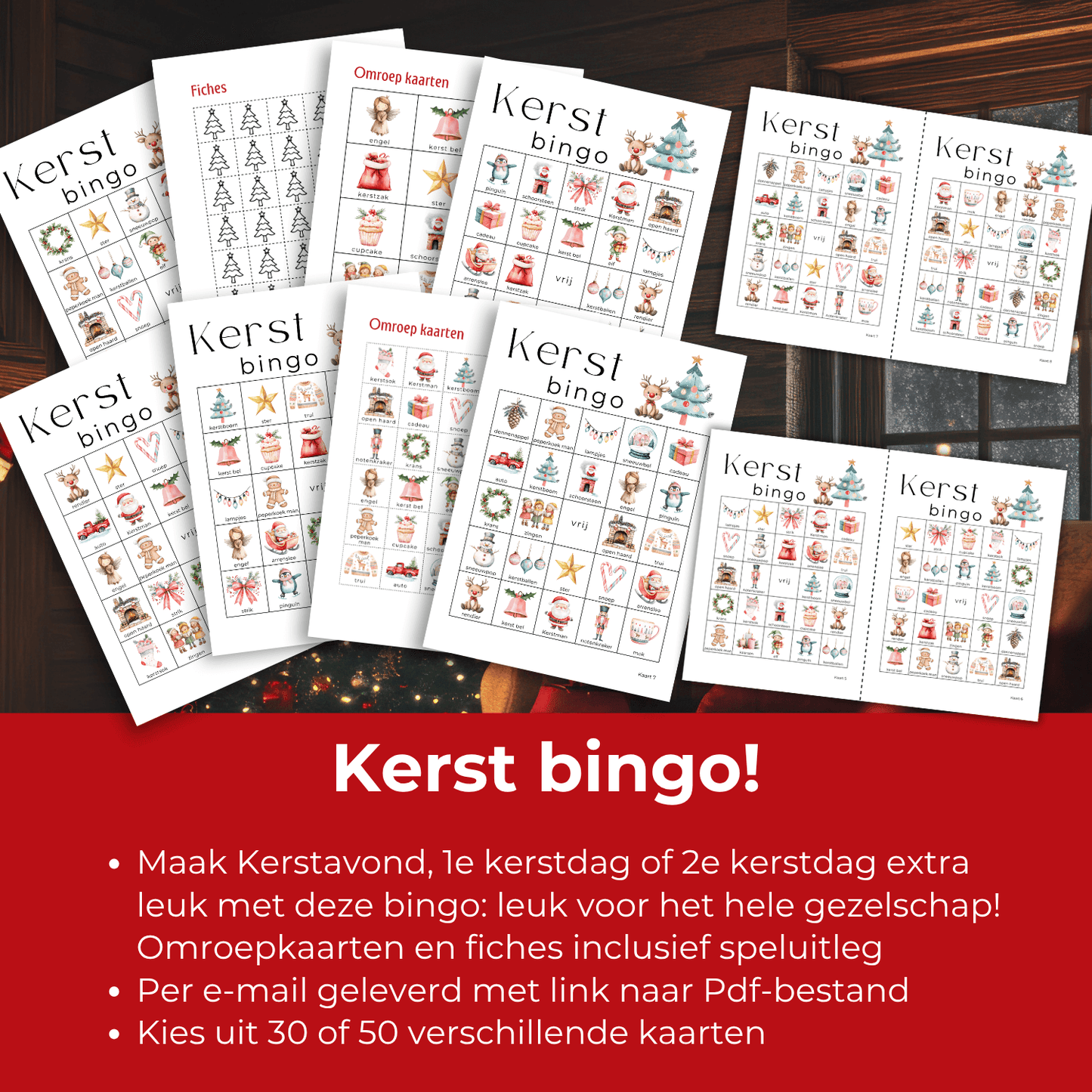 Te printen kerst bingo kaarten in PDF-formaat met vrolijke kerstafbeeldingen