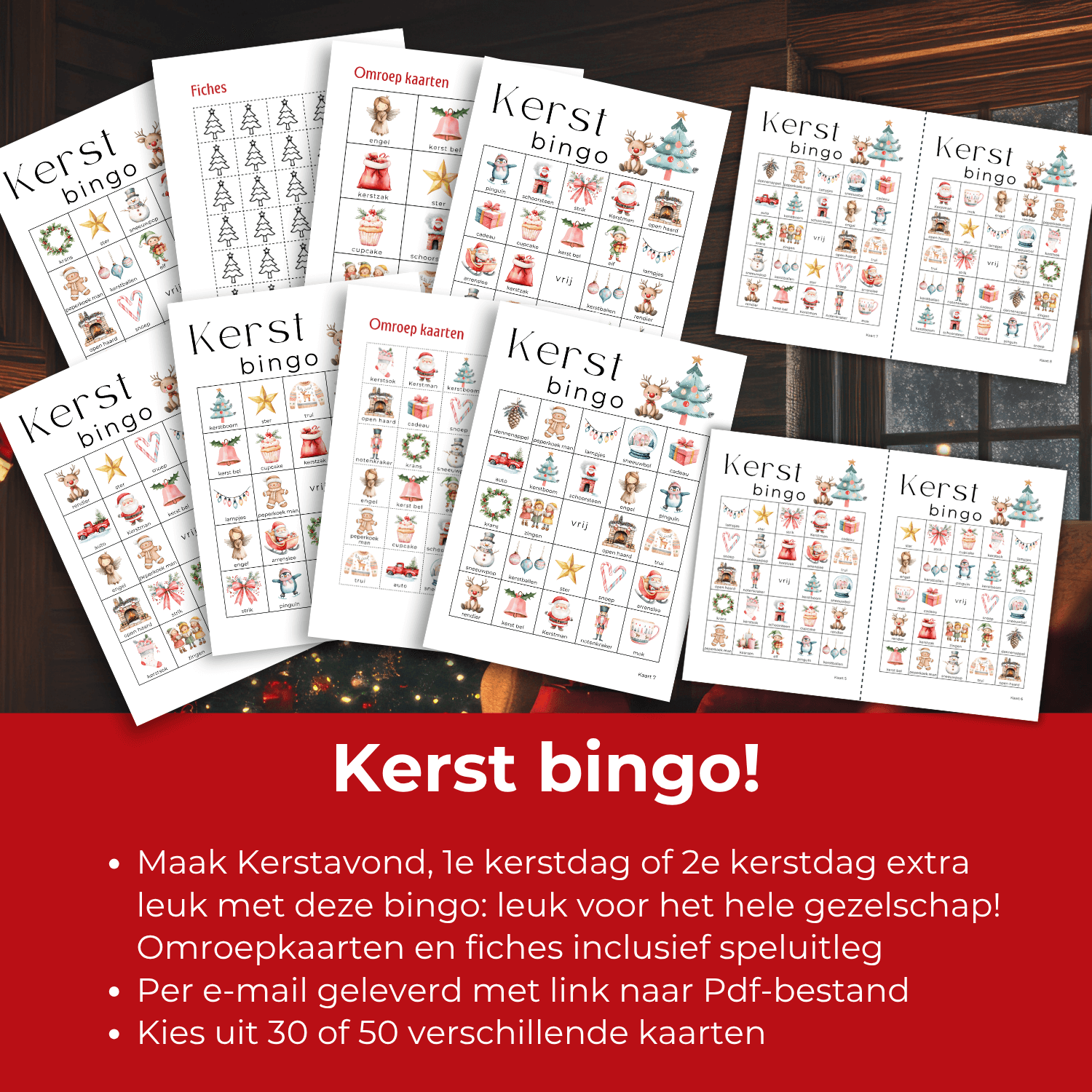 Te printen kerst bingo kaarten in PDF-formaat met vrolijke kerstafbeeldingen