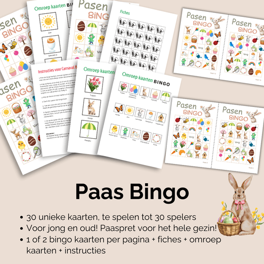 Uit te printen (printable) Paasbingo spel voor gezinnen en vrienden, geschikt voor jong en oud.