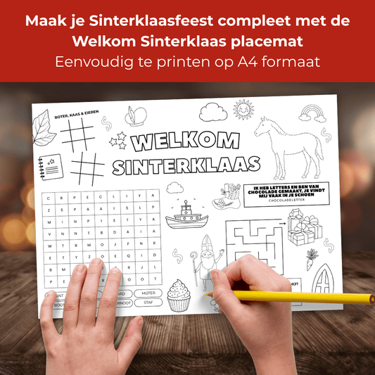 Uit te printen Welkom Sinterklaas kleurplaat met puzzels en tekeningen