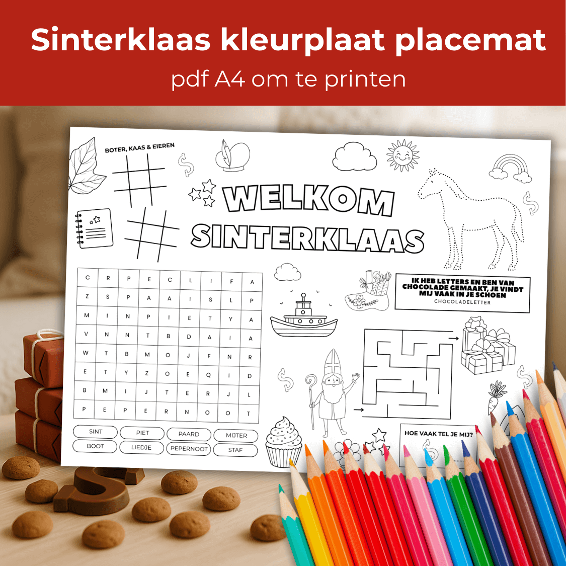 Welkom Sinterklaas kleurplaat in placemat met spelletjes