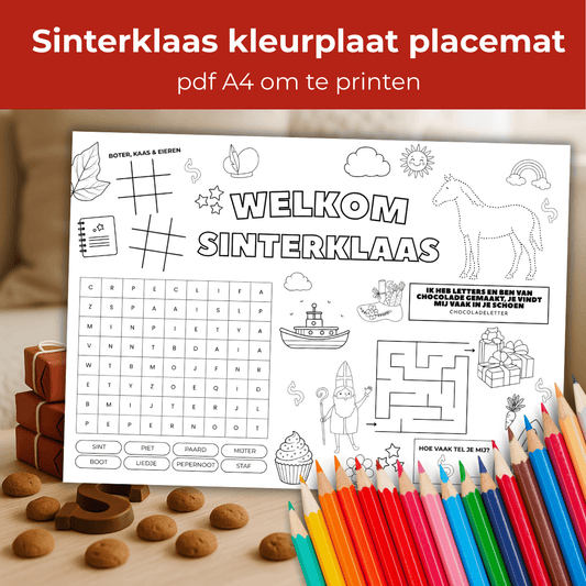 Welkom Sinterklaas kleurplaat in placemat met spelletjes