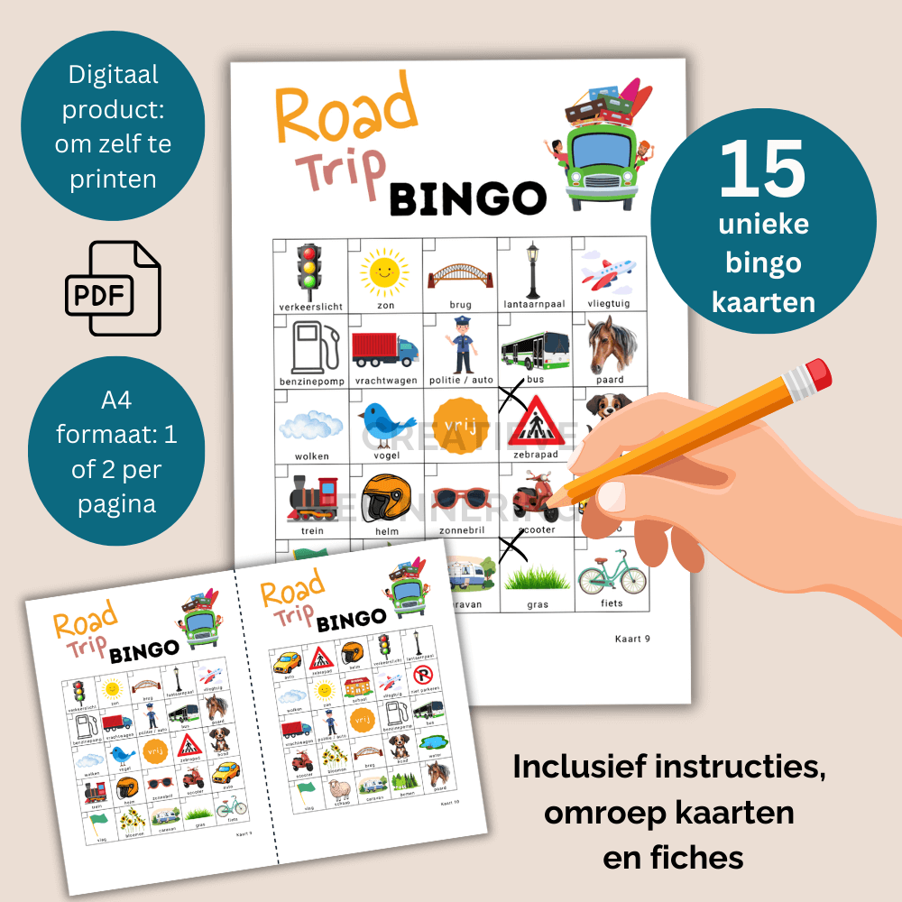 Road trip bingo game 15 verschillende kaarten om af te strepen, te zoeken en bingo krijgen