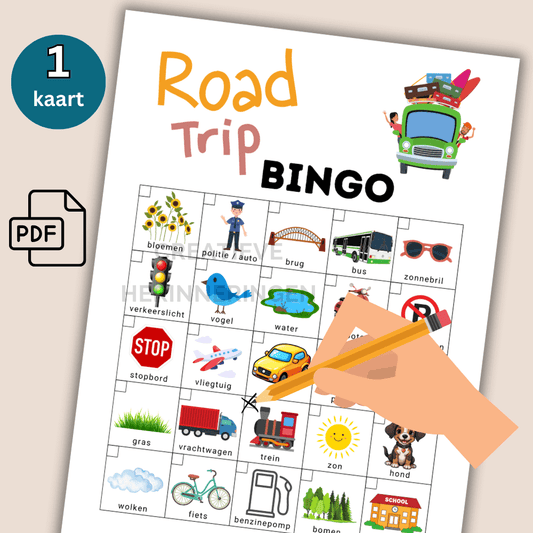 Zoek en streep af tijdens het reizen met deze roadtrip bingo kaart voor kinderen