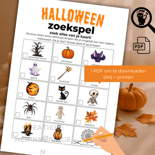 Halloween zoekkaart met 15 opdrachten voor kinderen om te zoeken binnen en/of buiten