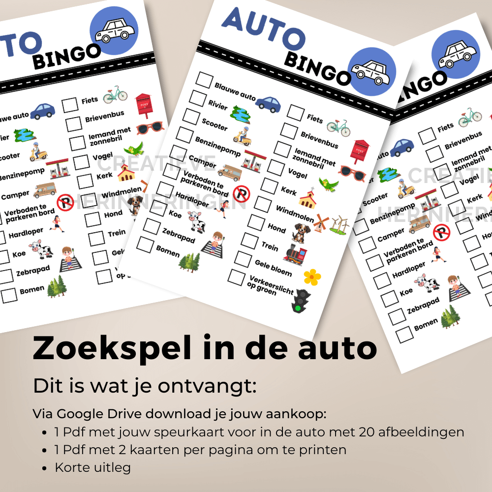 Zoekspel in de auto waarbij kinderen herkenbare dingen zoeken en afvinken op een autobingo kaart