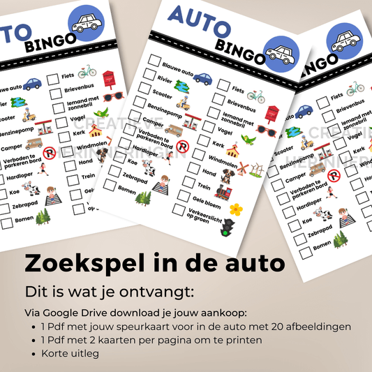 Zoekspel in de auto waarbij kinderen herkenbare dingen zoeken en afvinken op een autobingo kaart