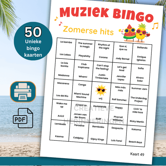 Muziekspel voor zomerfeest met 50 bingo kaarten in PDF