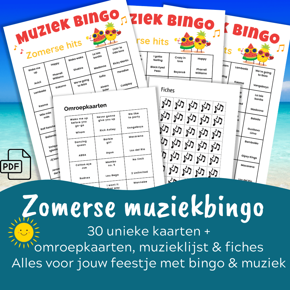 Muziek bingo spel met zomerhits voor een zomerse avond, 30 unieke kaarten