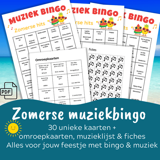 Muziek bingo spel met zomerhits voor een zomerse avond, 30 unieke kaarten