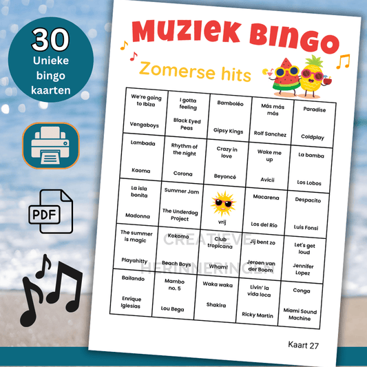 Zomerse muziekbingo zomereditie met 30 kaarten als downloadbare PDF en zelf te printen
